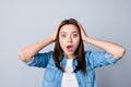 Omg! Close up portrait of amazed girl with wide open mouth and e