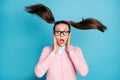 Omg graduation exam soon. Panic nervous anxious student girl look test information impressed hair fly air scream wear Royalty Free Stock Photo