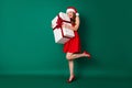 Omg I dont believe it. Full size photo cute sweet girl in santa claus headwear hug embrace enjoy big x-mas miracle magic Royalty Free Stock Photo