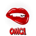 OMG Lettering! Sweet pop art Pair of Glossy Vector Lips. Open wet red lips with teeth pop art Royalty Free Stock Photo