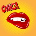OMG lettering. Sweet pop art Pair of Glossy Vector Lips. Open wet red lips with teeth pop art set