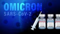 Omicron COVID-19 vaccine bottles and syringe, blue banner