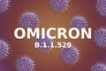 Omicron COVID-19 variant poster, panoramic banner with coronavirus germs. Microscopic view of coronavirus in cell. Concept of Royalty Free Stock Photo