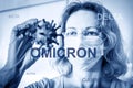 Omicron COVID-19 variant poster, researcher looks at corona virus Royalty Free Stock Photo