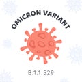 Omicron Covid variant. Square banner with red bacteria of Coronavirus on white background. Vector card or illustration