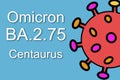 Omicron new variant BA.2.75. `Omicron BA.2.75 Centaurus` text with images of coronavirus. Concept illustration for new variant of