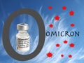 Omicron letter with a Biontech Pfizer vaccine ampoule against Covid