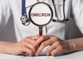 Omicron word, corona virus strain. Text through magnifying lens Royalty Free Stock Photo
