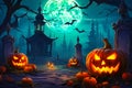 Ominous Castle Silhouette: Pumpkins Adorn the Haunted Grounds