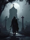 An ominous figure in dark armour strides through a mistshrouded cemetery an imposing gothic warrior on a silent mission