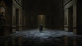 Ominous France: A Dark And Moody Hall With A Mysterious Figure Royalty Free Stock Photo