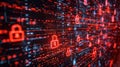 Ominous red data breach symbols flash on a virtual screen with code on a sleek dark backdrop.