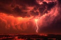 Ominous red sky illuminated by fierce lightning strikes.