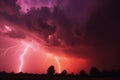 Ominous red sky illuminated by fierce lightning strikes.