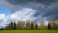 Ominous storm clouds over trees and a green spring farm field Royalty Free Stock Photo