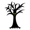 Ominous tree. The mouth is sewn up. Silhouette. Angry facial expression. Curved branches. Vector illustration. A terrible grimace.