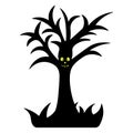 Ominous tree. Terrible grin. Silhouette. Oak with crooked branches. An eerie, toothy grimace. Vector illustration.
