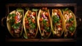 Ominous Vibe: Four Tacos On A Wooden Tray - Uhd Multilayered Image Royalty Free Stock Photo