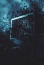 An ominous visualization of a computer system slowly being overtaken by dark glitchy bug forms representing the spread of