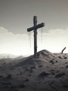 An ominously slanted cross standing at the head of a desolate avesite. Gothic art. AI generation