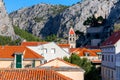 Omis. Aerial city view against the backdrop of the mountains.