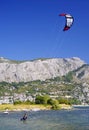 OMIS, CROATIA, SEPTEMBER 18, 2020 - Tourists enjoying kitesurfing during a windy sunny day in Omis Resort, Croatia. Royalty Free Stock Photo