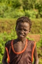 OMO VALLEY, ETHIOPIA - FEBRUARY 5, 2020: Tribal child in Omo valley, Ethiop