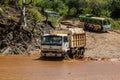 OMO VALLEY, ETHIOPIA - FEBRUARY 4, 2020: Truck crossing Kizo river, Ethiop