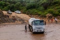 OMO VALLEY, ETHIOPIA - FEBRUARY 4, 2020: Truck stuck in swollen waters of Kizo river, Ethiop