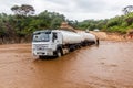 OMO VALLEY, ETHIOPIA - FEBRUARY 4, 2020: Truck stuck in swollen waters of Kizo river, Ethiop