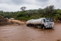 OMO VALLEY, ETHIOPIA - FEBRUARY 4, 2020: Truck stuck in swollen waters of Kizo river, Ethiop