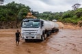 OMO VALLEY, ETHIOPIA - FEBRUARY 4, 2020: Truck stuck in swollen waters of Kizo river, Ethiop