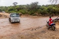 OMO VALLEY, ETHIOPIA - FEBRUARY 4, 2020: Truck stuck in swollen waters of Kizo river, Ethiop