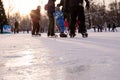 Omsk, russia, 2 January 2022.Winter ice rink. The people in the skate riding on the ice. Active family sport during the Royalty Free Stock Photo