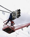 Omsk, Russia - October 10, 2013: technical maintenance of traffic lights