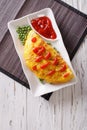 Omurice omelet stuffed with rice. vertical top view