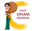 Onam celebration. Indian woman in traditional clothes holding umbrella.