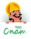 Onam celebration. King Mahabali holding placard with greetings, cheerful cartoon character.