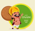 Onam celebration. King Mahabali holding umbrella, cheerful cartoon character.