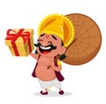 Onam celebration. King Mahabali holding umbrella and gift box, cheerful cartoon character.