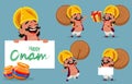 Onam celebration. King Mahabali holding umbrella, set of five poses.