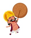 Onam celebration. Laughing King Mahabali holding umbrella, cheerful cartoon character.