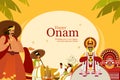 Onam festival background with King Mahabali and traditional art forms