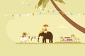 Conceptual illustration of King `Mahabali` walking with people playing percussion instruments and and an elephant