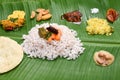 Onam Sadhya with brown matta rice form Kerala India