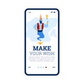 Onboarding page of mobile app with friendly genie cartoon vector illustration.