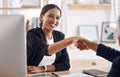 Onboarding, recruitment or business woman with a handshake in job interview for negotiations. Partnership, b2b Royalty Free Stock Photo