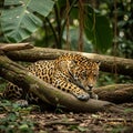 Onca rests on thick moss covered tree branches in a dense rainforest Royalty Free Stock Photo