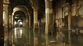 A once bustling marketplace now submerged in floodwater giving a haunting view of the historical sites and architectural