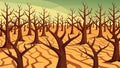The once orderly rows of neatly pruned trees are now a chaotic jumble their twisted branches and barren limbs a physical
